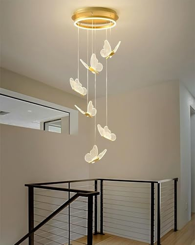 RuiRfh Kronleuchter LED Schmetterlingsform dekorative Treppe Pendelleuchte höhenverstellbar Villa Innen große goldene Deckenlampe dimmbar geeignet für Wohnzimmer Restaurant Hotelbar Hängelampe(White l