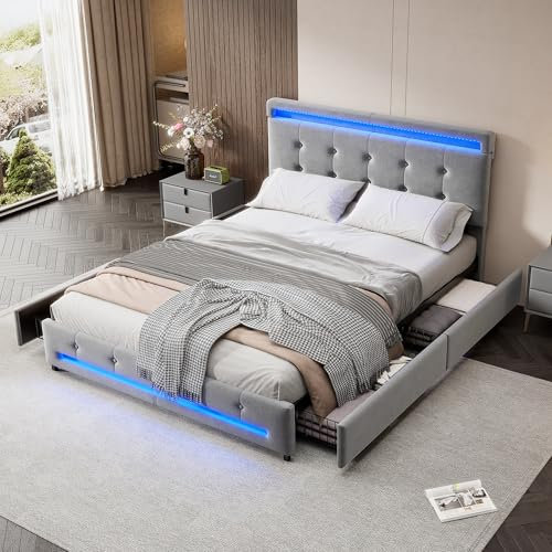 ModernLuxe Double Bed Frame, 4FT6 Upholstered Double Bed with Storage Drawers 4, Wooden Bed Frame with Soft Backrest and Light Strips, Sturdy Metal Underbed Bracket, Velvet Grey, 135x190cm
