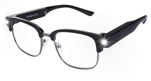 OuShiun Schwarze Halbrahmen-Lesebrille aus Metall mit Heller LED, Wiederaufladbar über USB, Lesebrille mit Blaulichtfilter, Freihändige Lesebrille bei Nacht +1,0 +1,5 +2,0 +2,5 +3,0 +3,5