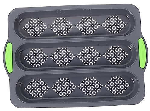 Cabilock Non-Stick Bread Pan Three-Slots Silicone Mold Deep Gray Base and Green Handle Professional Kitchen Baking Pan for Bakery Oven Use