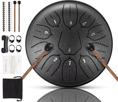 Zungentrommel, 6 Zoll 11 Noten D-Dur Steel Tongue Drum mit Musikbuch, Trommelschlägeln, Steel Pan Töne Schlaginstrument Schlagzeug Anfänger für Meditation Yoga (Schwarz, 6 Zoll, 11 Töne)