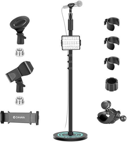 CAHAYA Soporte de micrófono desmontable en el suelo, soporte universal para micrófono con base redonda pesada y 2 clips de micrófono, soportes de micrófono portátiles en altura ajustable para cantar,