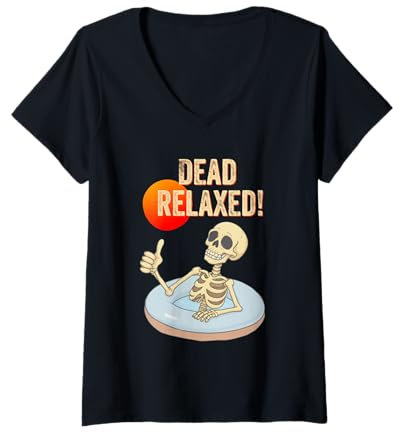 Damen Niedliches grafisches Skelett im Pool Zitat Dead Relaxed Ästhetik T-Shirt mit V-Ausschnitt