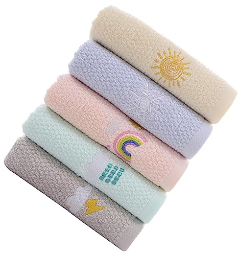 PENIKOKO Children’s Cotton Absorbent Towels 5pcs Set, Soft Cartoon Embroidered Hand and Face Washcloths for Baby Toddler Bath and Daily Use, Multi-color