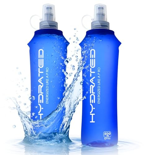VOPIWOZ Gourde de sport pliable 500 ml avec échelle de volume, en TPU souple, sans BPA, bidon d'eau pliable pour randonnée, camping, escalade, jogging, vélo et extérieur (bleu, 500 ml x 2)