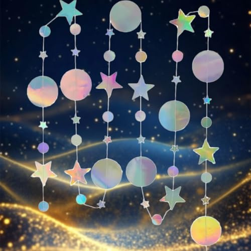 WUBAYI Confezione da 4 ghirlande colorate in carta glitterata con pois e stelle arcobaleno, 15,8 m, decorazioni scintillanti per compleanni e matrimoni
