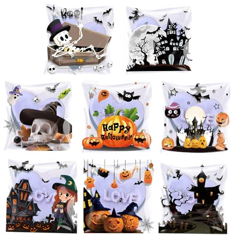 ZYDYRX 200 Stück Halloween Selbstklebende Kekstüten 10x10cm Süßigkeitentüte Transparente Cellophantüten Halloween Süßes oder Saures Tüten Klein Zellophantüten Tüten Geschenktüten 8 Muster
