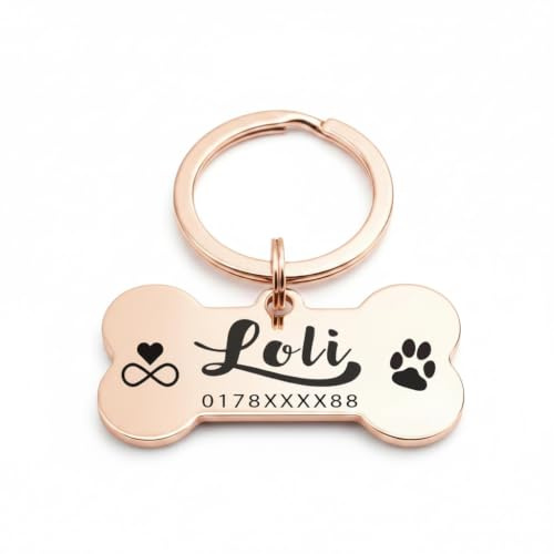 Hundemarke Knochen mit personalisierter Gravur | Rostfreier Edelstahl beidseitig mit Name & Telefonnummer | 30 mm Hunde-Anhänger, Namensschild | Silber (Rosegold)