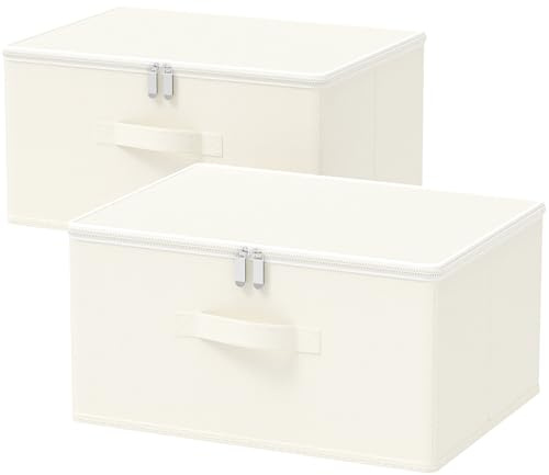 GUOHNHE Cajas Organizadoras con Cremallera, Contenedor de Almacenamiento Plegable con Tapa, Cestas de Almacenaje para Estantes con Asa, 40 x 30 x 20 cm, Paquete de 2, Beige, XSNY16BEL-2