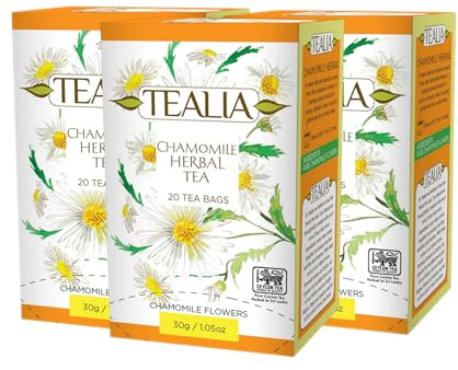 Tealia Chamomile Tea Bags 60 Individually Wrapped 3 Pack Herbal Tea | 60 Individually Wrapped Double Chamber Tea Bags | 3 Pack | Caffeine Free Herbal Tea | Premium Chamomile Flowers