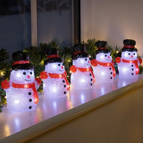 CHRISTOW Light Up Snowman Acrylic Christmas Decorations, Set of 5, Battery Powered with Timer, 30 Static White LED Lights, Indoor & Outdoor Weatherproof Ornaments, 13cm x 11cm x 6cm