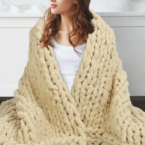 Gugxiom Chunky Knit Blanket, 127 x 152 cm Chenille Gestrickt Decke, wArm & Gemütlich, Hand Strickdecke, Grob Gestrickte Decke für Couch Bett