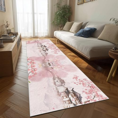 Japanische Kirschblüten Flurteppich Läufer Asiatischer Stil Architektur | Rutschfest und Waschbar, Teppich Lang für Flur und Küche Küchenteppich Tuschmalerei Berg Teppich Maschinenwaschbar 60x180 cm