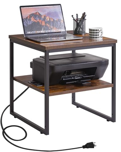 Aibiju Square Side Table with Charging Station and USB Port, 20-inch Multi-Functional Side Table/Printer Table with Adjustable Storage Shelf, Retro Brown YD-TM153HD