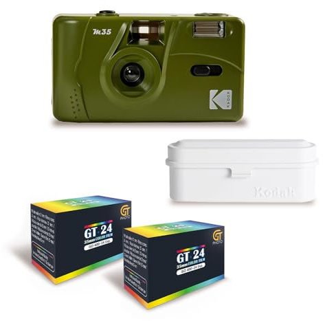 KODAK M35 - Fotocamera ricaricabile da 35 mm, obiettivo grandangolare fisso, mirino ottico, flash incorporato, colore: verde oliva + 2 pellicole GT24 colori compatibili con 24 esposizioni + pellicole