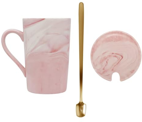 Cabilock Taza de Cerámica Rosa de 12 Oz con Tapa y Cuchara de Acero Inoxidable para Café o Té con Mango Antideslizante Adecuado para Oficina y Hogar