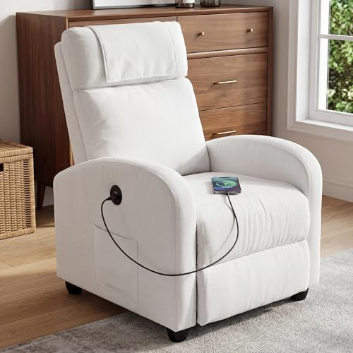 BonVache Relaxsessel, Fernsehsessel, Freizeitsessel mit USB- & Type-C-Ladeanschlüssen, verstellbare Rückenlehne und Fußstütze, Einzelsessel für Wohnzimmer, Schlafzimmer, Büro, Leinenstoff, Weiß