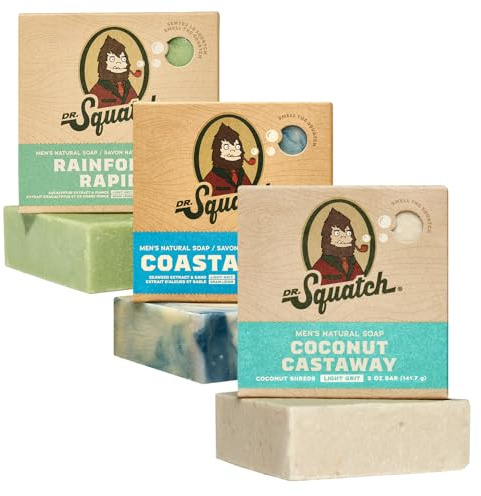 Dr. Squatch Natural Men’s Bar Soap - Cold Process Body Soap Bar with Natural Oils - Gifts for Men - Coconut Castaway, Rainforest Rapids, Coastal Mist (142g, 3 pack)