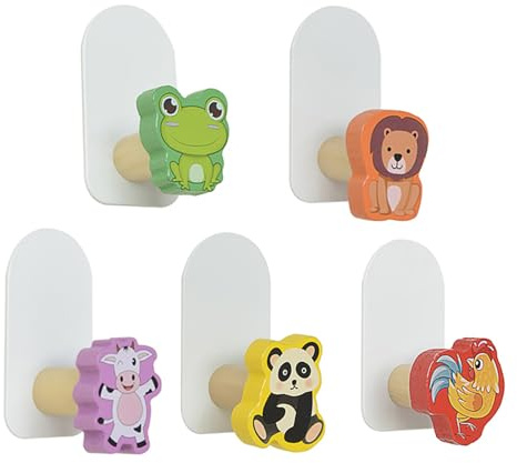 MORETATA 5Pcs Self-Adhesive Kids Coat Hooks, Animal Towel Hooks Wooden Sticky Clothes Hook, Wall Mounted Children's Coat Hooks for Towel, Clothes,Backpacks and Hats(Animal)