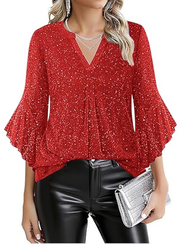Top Fiesta Mujer Camisa Fiesta Mujer Brillante Blusa Sin Mangas Clásico Camiseta Otoño Chaqueta Nochevieja 2#Rojo M
