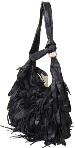 NihaoWXM Fransen Tasche Leder-Umhängetasche mit großer Kapazität for Damen, schwarze Umhängetasche aus echtem Leder Quasten(L)