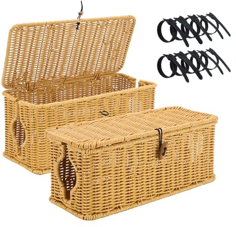 Bourske Cable Management Box, 2 Pack Large Handmade Imitation Rattan Cable Tidy Box with 10pcs Reusable Cable Ties, Cable Organiser Box for TV Wires Computer Router USB Hub & Power Strip