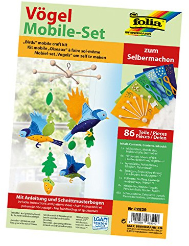 folia 22839 - Mobile Set Vögel zum Selbermachen, mit 86 Teilen, Anleitung und Schnittmusterbogen - Komplettset zur Erstellung eines Mobiles