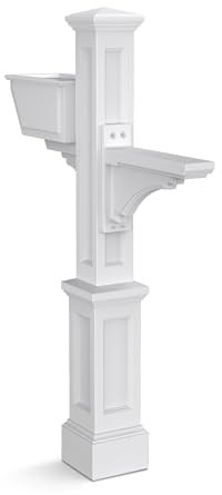 Mayne Westbrook Mailbox Post with Standard Arm and Planter – Weather-Resistant, Durable Classic Design – Easy-to-Install Outdoor Mailbox Post, White