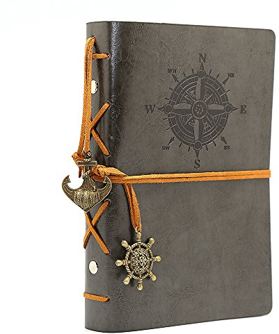 EvZ Leather Writing Journal Notebook, 7 Inches Vintage Nautical Spiral Blank String Diary Notepad Sketchbook Travel to Write in, Unlined Paper, Retro Pendants, Classic Embossed, Grey