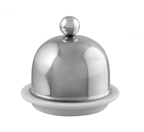 Mauviel1830 Mauviel M'Tradition-Mantequera de Porcelana con Tapa de Acero Inoxidable (9 x 8 cm), Cobre, Plateado