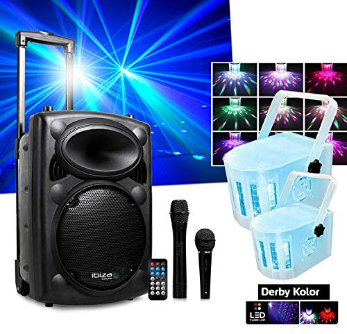 Enceinte Active DJ 500W USB/MP3 Ibiza PORT10VHF-BT + 2 Mini Derby Kolor RVB Sono DJ PA Fete Soiree