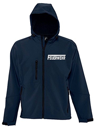 Coole-Fun-T-Shirts Feuerwehr Softshell Jacke mit Kapuze reflektierender Druck vorne + hinten Herren Navy Gr.L