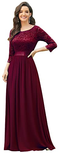 Ever-Pretty Vestito Donna Elegante Cerimonia 3/4 Manich Stile Impero Maxi Linea ad A Pizzo Chiffon Abiti da Damigella Borgogna 44