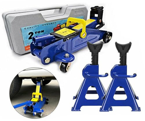 SiKy 2 Tonne Heavy Duty Hydraulic Trolley Floor Jack & 3 Ton Axle Stands Pair of 2 For Car Caravan Van Vehicle Stand Lift (Car Jack Kit)