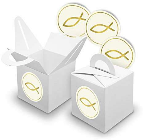 itenga Set Fisch 24x Würfelbox mit Griff inkl Aufkleber Sticker für Gastgeschenke Taufe Kommunion Konfirmation (Gold, Karton (Weiß))