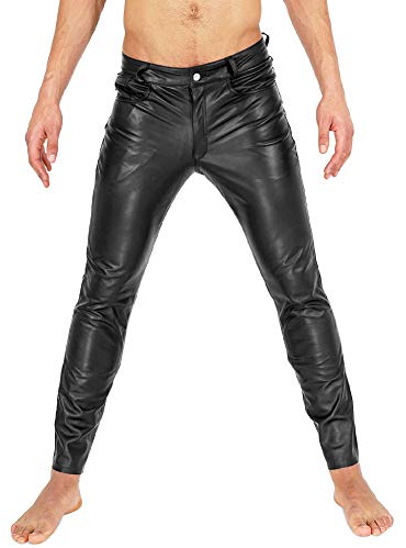 Bockle® Tub anilin dragkedja jeans läderbyxor män tub smal passform man, Svart, 34W x 36L
