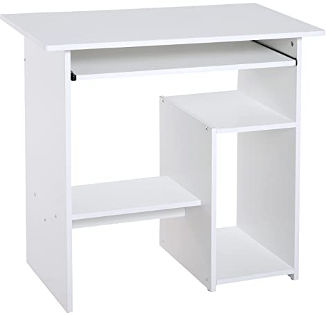 HOMCOM Schreibtisch, 80 x 45 cm, Computertisch, Bürotisch mit Tastaturablage, offenen Fächern und Ablageflächen, Spanplatte, für Home Office, Schlafzimmer, Weiß
