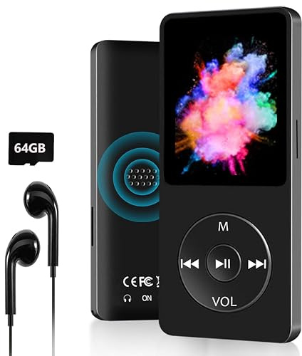 Reproductor MP3 de 64 GB Bluetooth 5.0 con Pantalla TFT a Color de 1,8 Pulgadas con Auriculares, MP3 Player para niños con Altavoz, Radio FM, Libro electrónico, grabación, Soporte de hasta 128