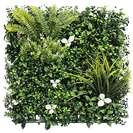 SunnyRoyal Artificial Boxwood Panels Topiary Hedge Plant UV Protected Privacy Ivy Screen Faux Greenery Wall Décor Outdoor Indoor Use 20 x 20, 5 Mixed Leaves, 6 Packs