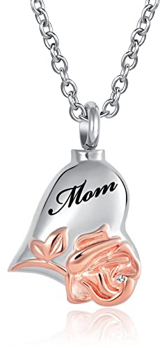 LuxglitterLin Mom Forever in My Heart Cremation Urn Necklace for Ashes Rose Flower Keepsake Memorial Pendant for Human Ashes