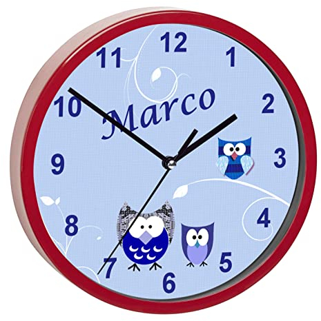CreaDesign, Wanduhr Kinder personalisiert mit Name, Motiv Eule blau, Rahmen Wanduhr rot, Ø 19,5 cm