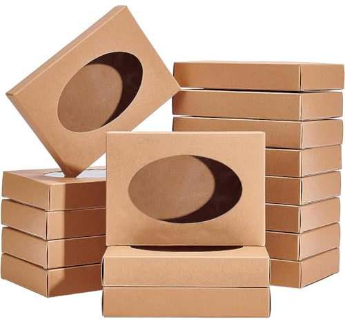 BENECREAT 20 Packungen 14x10x2.5 cm Ovale Geschenkboxen Aus Durchsichtigem PVC Fenster, Rechteckige Braune Kraft-Geschenkverpackungen für Party- Und Hochzeitsgeschenk