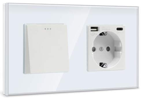 BSEED Interruptor de pared con Enchufe Blanco,1 Gang 2 Vías Interruptor conmutador+16A Schuko Enchufe con 1 Puerto Tipo C y 1 Puertos USB,16A