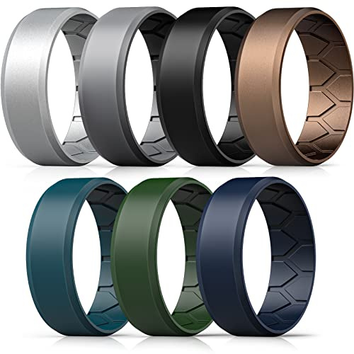FORTHEE Silicone Wedding Ring for Men, Mens' Rubber Engagement Bands | Comfort Fit Silicone Rings for Him, Breathable Airflow Inner Curve for Gym/Workout/Daily Wear, Flexible Step Edge Ring, 7Pack