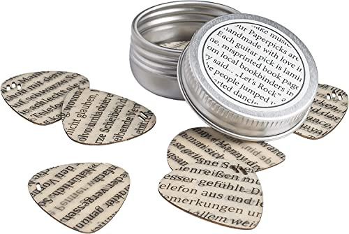 Paperpicks | 9 médiators fabriqués à partir de livres recyclés | pour guitares électriques, acoustiques et basses, en trois épaisseurs | boite en aluminium de haute qualité | Made in Germany
