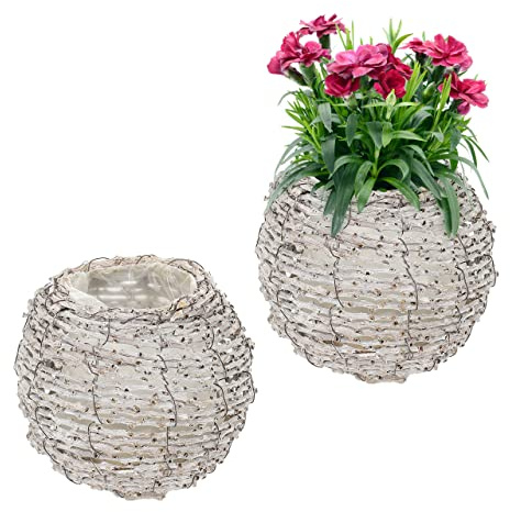 Relaxdays Blumentopf, 2er Set, Rattan, Pflanzentöpfe mit Folie, HxD: 17 x 20 cm, runde Pflanzkörbe für innen, weiß/Natur | HxD: 17 x 20 cm, runde Pflanzkörbe für innen