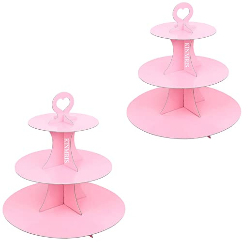 KINMRIS Paquete de 2 soportes para cupcakes de 3 niveles con borde redondeado, soporte de cartón para tartas, suministros para fiesta de cumpleaños, nivel de 3 niveles (I- rosa)
