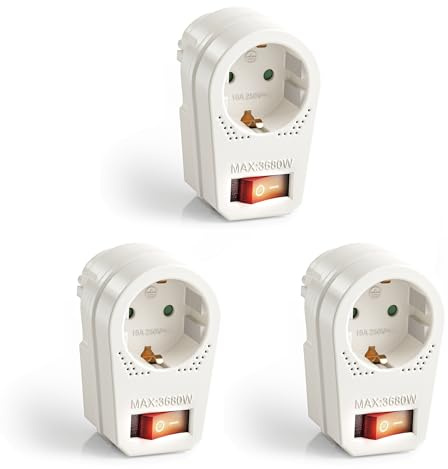Adaptador de Enchufe con Interruptor de Encendido/Apagado, 1x Enchufe Schuko, 16A / 250V AC, 3680 vatios, Blanco, Juego de 3
