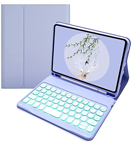 GUPENAA Funda con Teclado para iPad Mini 5/ Mini 4/Mini 3/Mini 2 & 1, 7 Colores Retroiluminados, Teclado Inalámbrico Bluetooth Desmontable Magnéticamente con Soporte para Bolígrafos S,Púrpura
