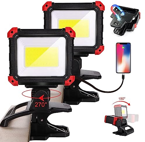 Yls 2 Pack LED Rechargeable Work Light with Clamp, 2100LM COB Magnetic Clip on Worklight with 3 Light Modes, 270°& 180° Rotatable Portable Clamp Worklight for Car Repairing, Jobsite, Grilling, Camping